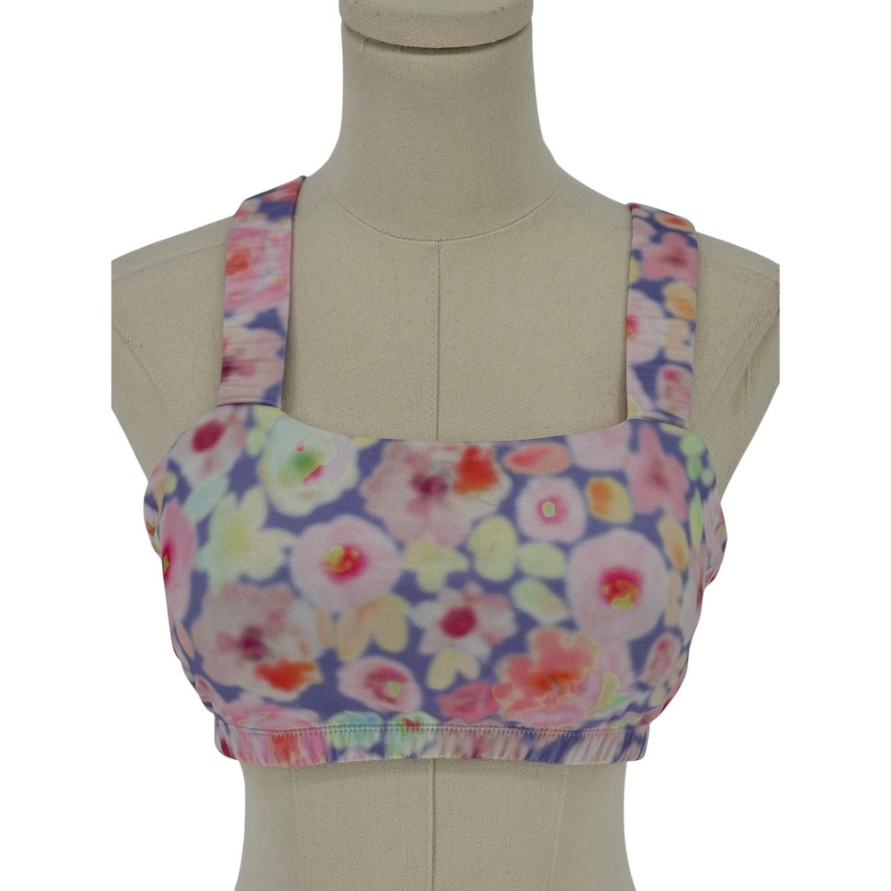 SHEIN Sports‎ Bra Pink Floral Watercolor Square Neck V-Back Size L